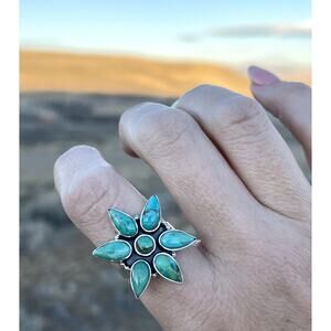 Sterling Silver NATIVE Style Turquoise Cluster Ring Size 6-9 Adj SW Statement